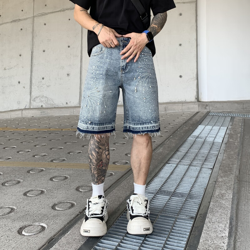 跨境欧美高街镶钻满钻牛仔短裤男夏季新款破洞工装渐变七分裤男士 黑色1384-1 3XL