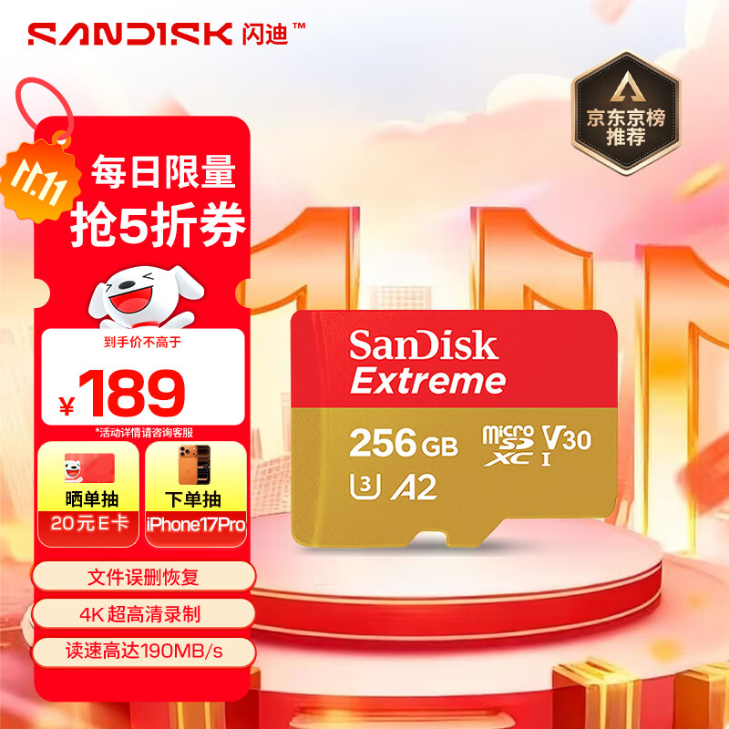 闪迪（SanDisk）256GB TF(MicroSD)内存卡 4K极速金卡A2 V30 U3行车记录仪 运动相机无人机 监控存储卡 读190MB/s