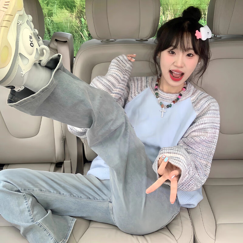 相伊恋人毛衣女外穿针织衫25秋冬新款潮流外套慵懒风保暖圆领套头拼接外衣 蓝色【奶油显瘦抗起球】 均码