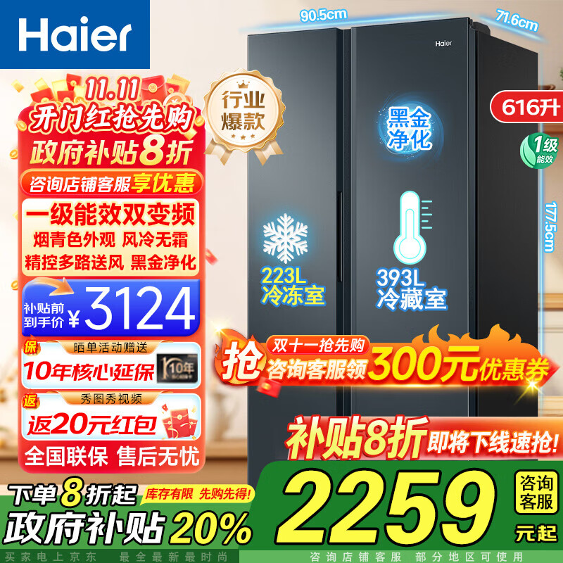 海尔冰箱双开门大容量616升冰箱家用对开门电冰箱一级能效变频大容量超薄家用冰箱风冷无霜国家补贴20% 黑金净化+送包安装BCD-616WGHSSEDC9