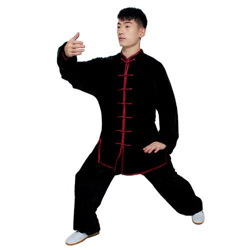 揚(yáng)武源（YANGWUYUAN）金絲絨太極服冬季加厚男女新款加邊武術(shù)服表演功太極拳服裝 黑色紅邊 S