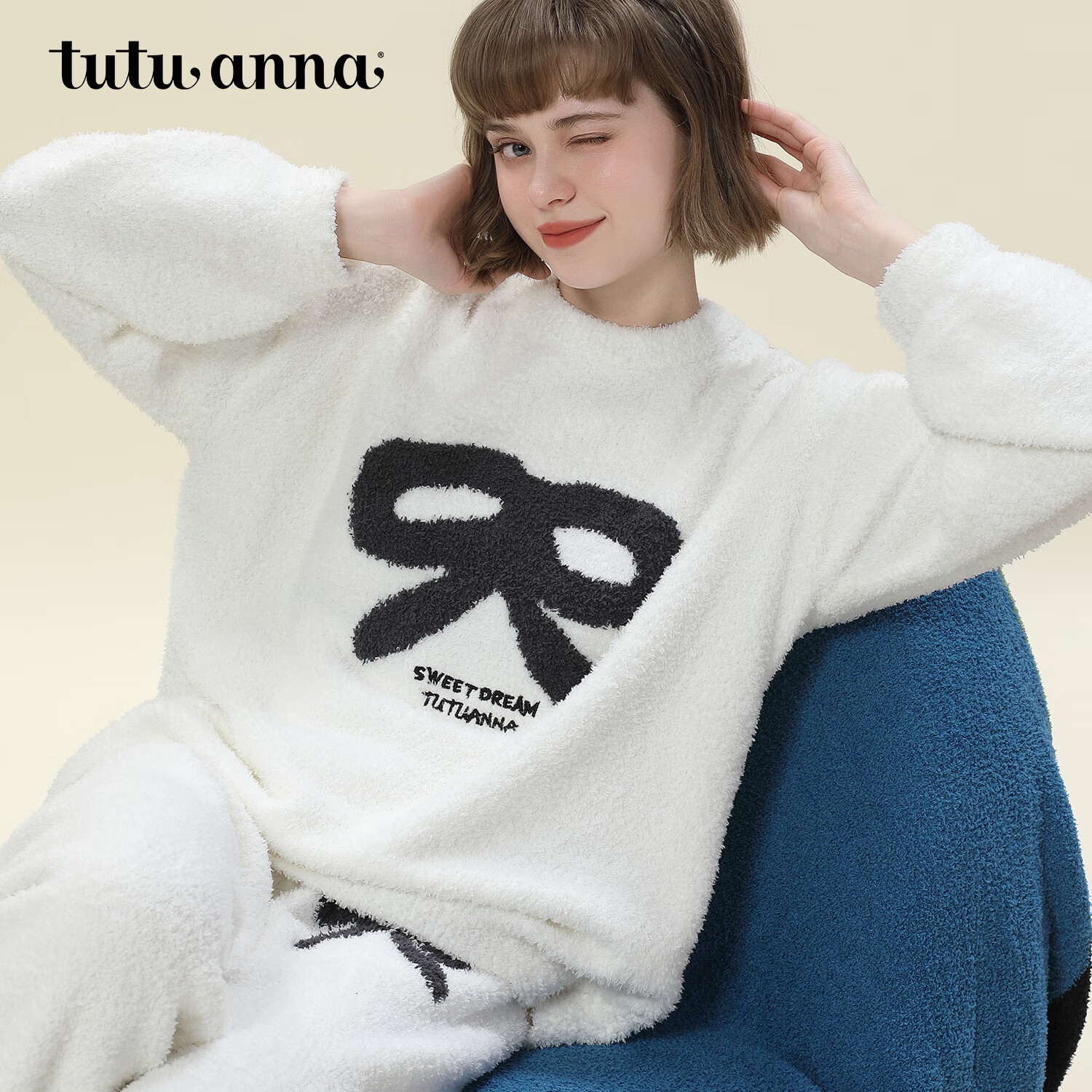 tutuanna半边绒纯色蝴蝶结套头长袖长裤套装睡衣毛毛纱秋冬厚款保暖 粉色 均码 160/84A