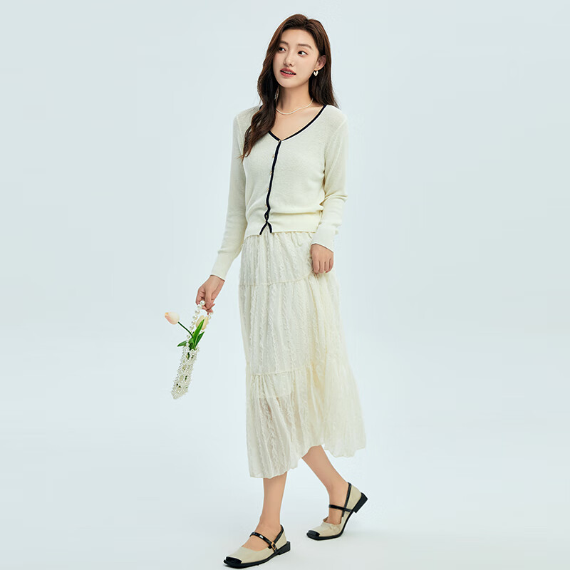 HIGH DAY针织开衫女2025秋季新款撞色长袖外套短款修身显瘦毛衣打底衫上衣 ZZ03CE46090米白 M (160)