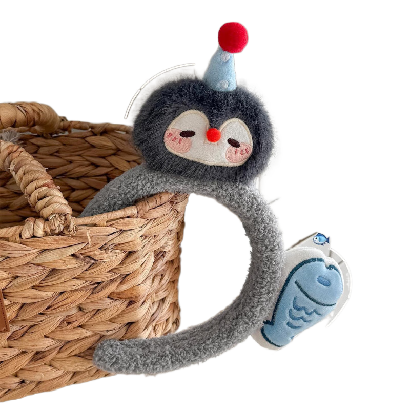 芠拉創(chuàng)意卡通企鵝小魚(yú)發(fā)箍毛絨可愛(ài)洗臉頭箍化妝束發(fā)趣味搞怪兒童發(fā)卡 企鵝小魚(yú)發(fā)箍