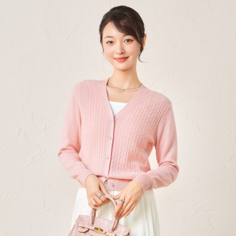 春竹100%绵羊毛2026春季新款气质时尚洋气宽松长袖毛衣外套女针织开衫 皮粉灰 2XL (130-150斤)