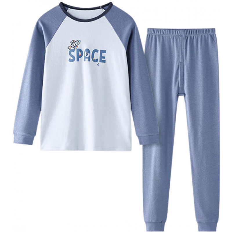 红豆儿童纯棉秋衣秋裤男女中大童内衣套装薄款小孩保暖棉毛衫A类睡衣 H5M1111蓝灰 160