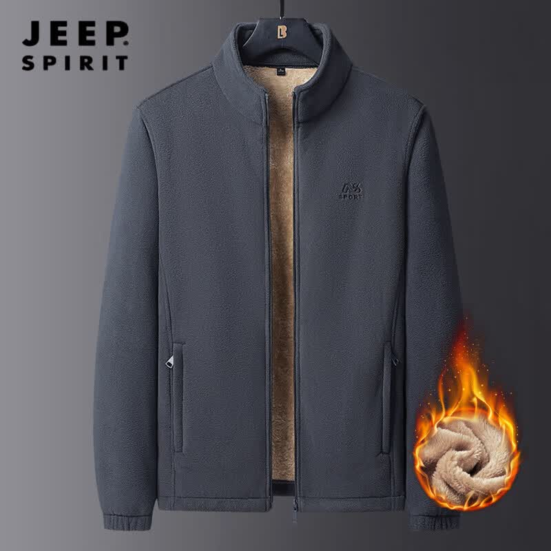 JEEP SPIRIT摇粒绒夹克男士秋冬加绒加厚保暖仿羊羔绒外套春季立领抓绒衣男装 深灰色 加绒 M