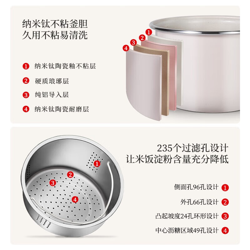 石崎成器日本 低糖电饭煲 降淀粉糖饭煲 电饭锅 米汤分离沥米饭微压1-2-3-4人家用2L多功能迷你不粘陶瓷钛 【旗舰款降淀粉含量41.4%】米汤分离 2L