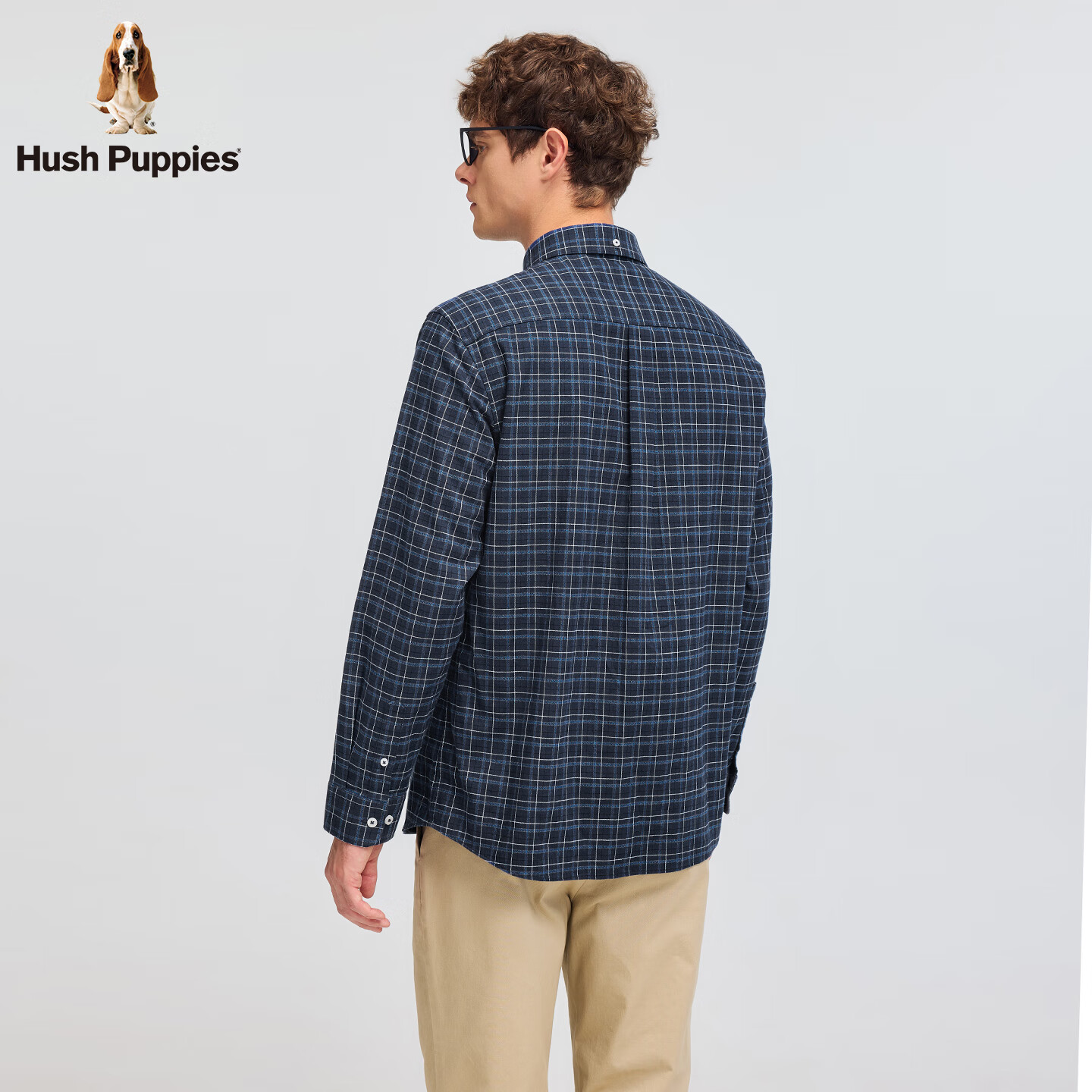 暇步士(Hush Puppies)【舒适磨毛】男装2025秋季经典格纹全棉磨毛长袖衬衫 墨蓝色 2XL
