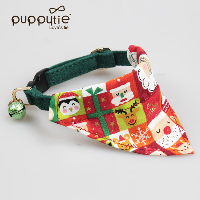 puppytie貓用品貓鈴鐺項圈寵物項圈貓項圈配件圣誕圍巾唾液毛巾卡通 圣誕紅 均碼-(脖圍16-27cm)