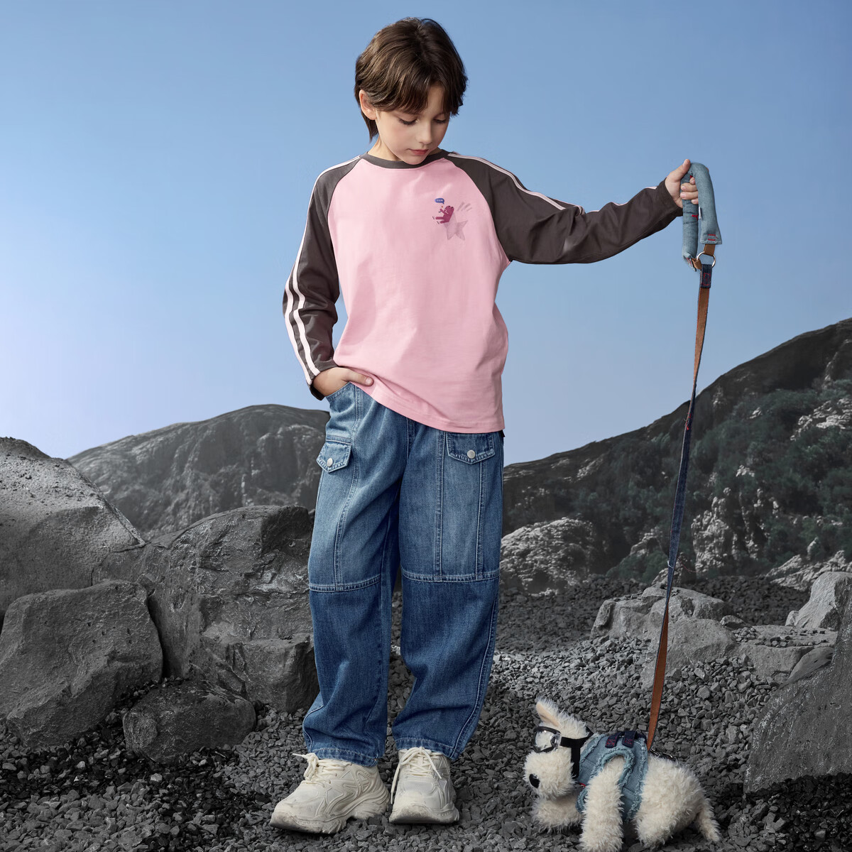 MQD男童街潮大口袋工装风牛仔裤中牛仔蓝/原牛仔色