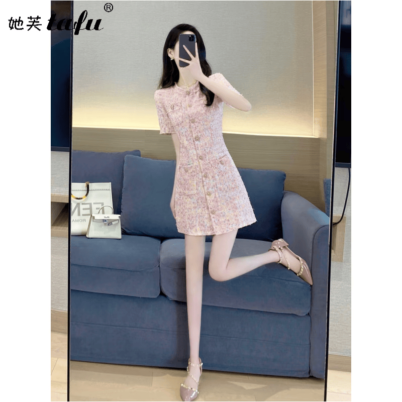 她芙（tafu）品牌女装粉色小香风连衣裙女2026夏季新款法式气质名媛粗花呢裙子 粉红色· M