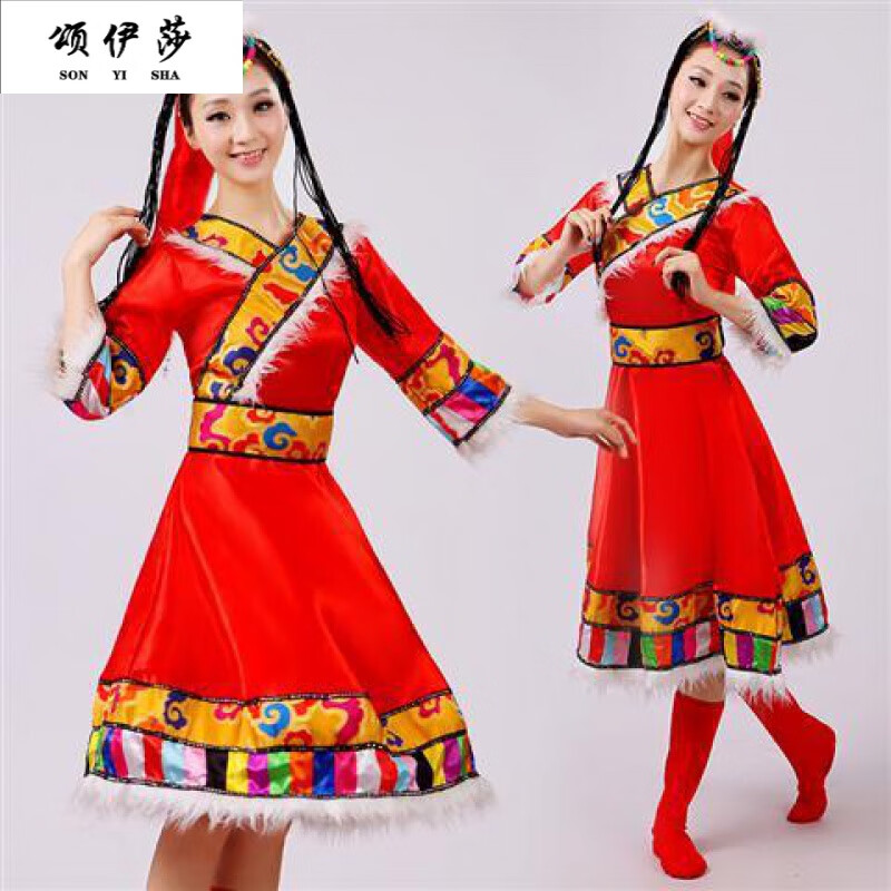 藏族舞蹈服装女短袖 水袖演出服长裙广场舞民族服装表演服饰定制款