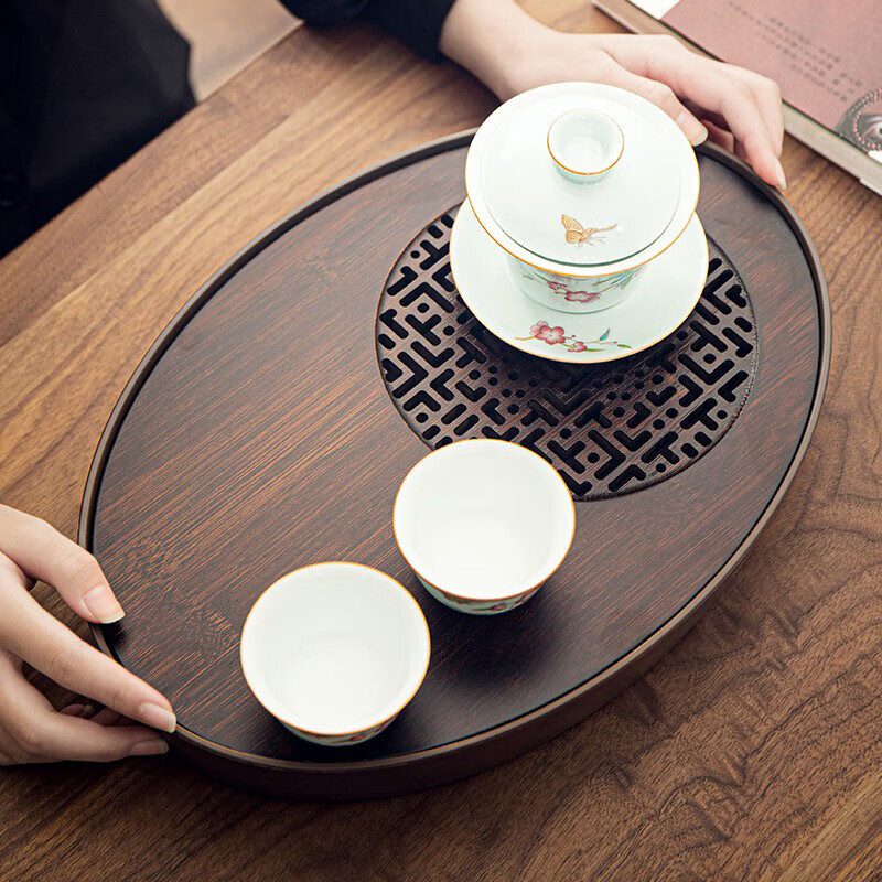 三多九如茶盤茶臺 家用茶具托盤竹制小茶臺瀝水儲水茶盤 中號35*24.5*5.5cm(儲水2.2L)