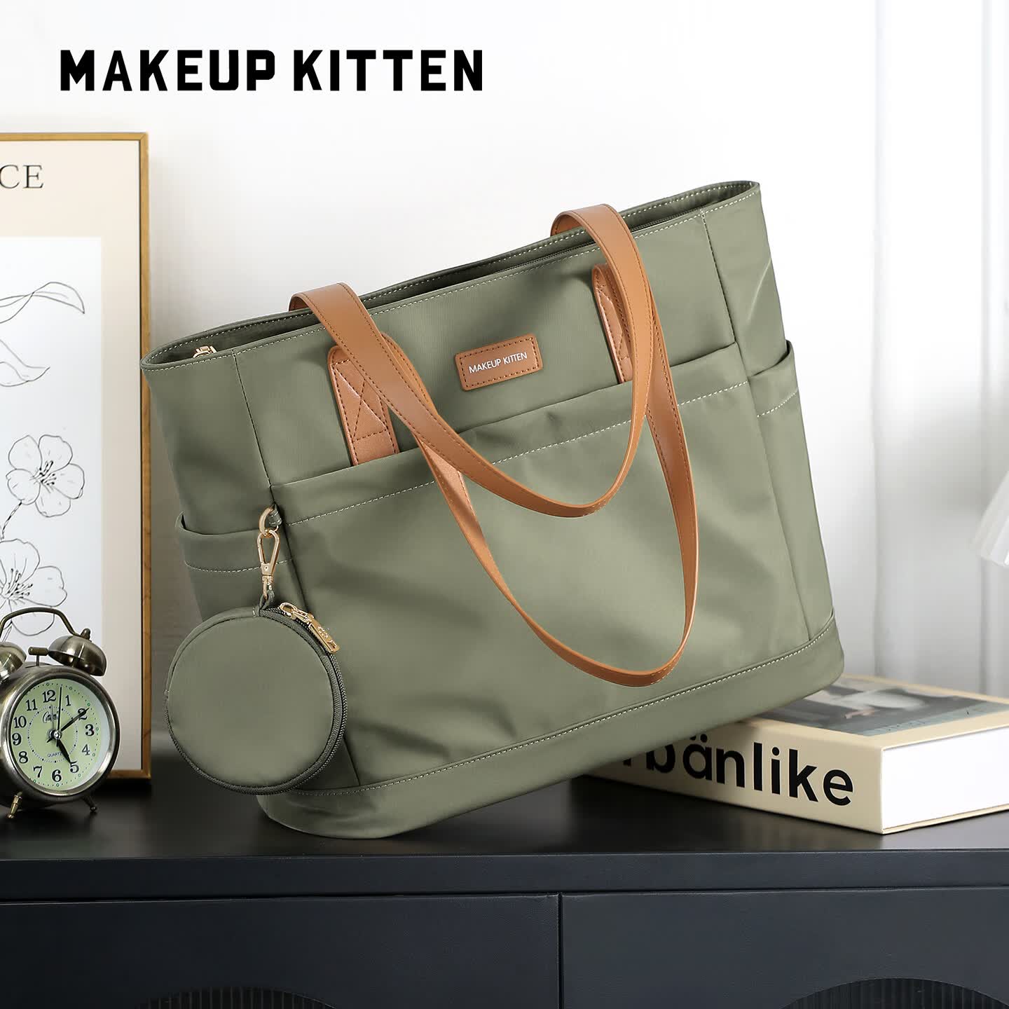 MAKEUP KITTEN托特包女2026新款通勤包帆布包手提妈咪包单肩包女520情人节礼物 莫兰迪绿-生日礼物