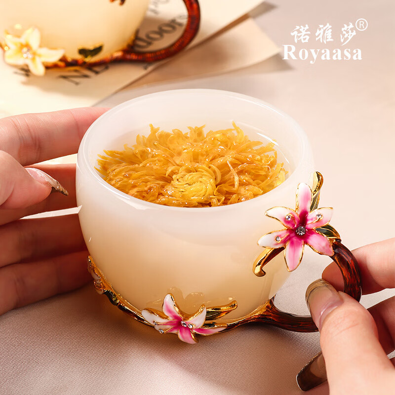 胖东来同款琉璃咖啡杯珐瑯彩琉璃茶杯主人杯个人专用女士玉瓷茶具 新款兰花把杯(粉色)