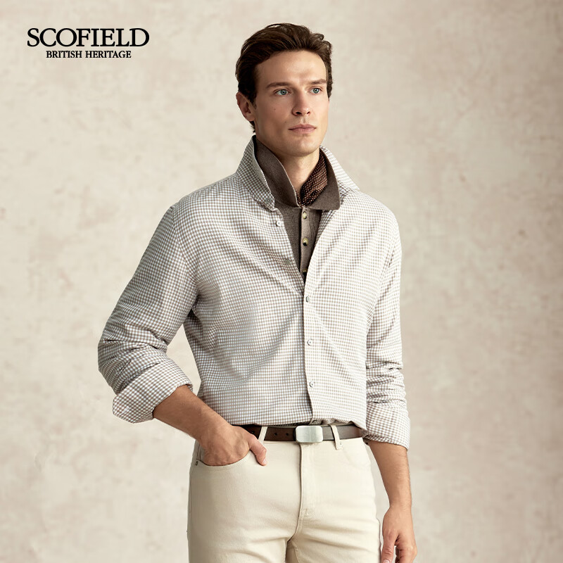 Scofield男装秋季新款商务休闲潮流时尚小格子亲肤长袖衬衫 米色 XL （180）