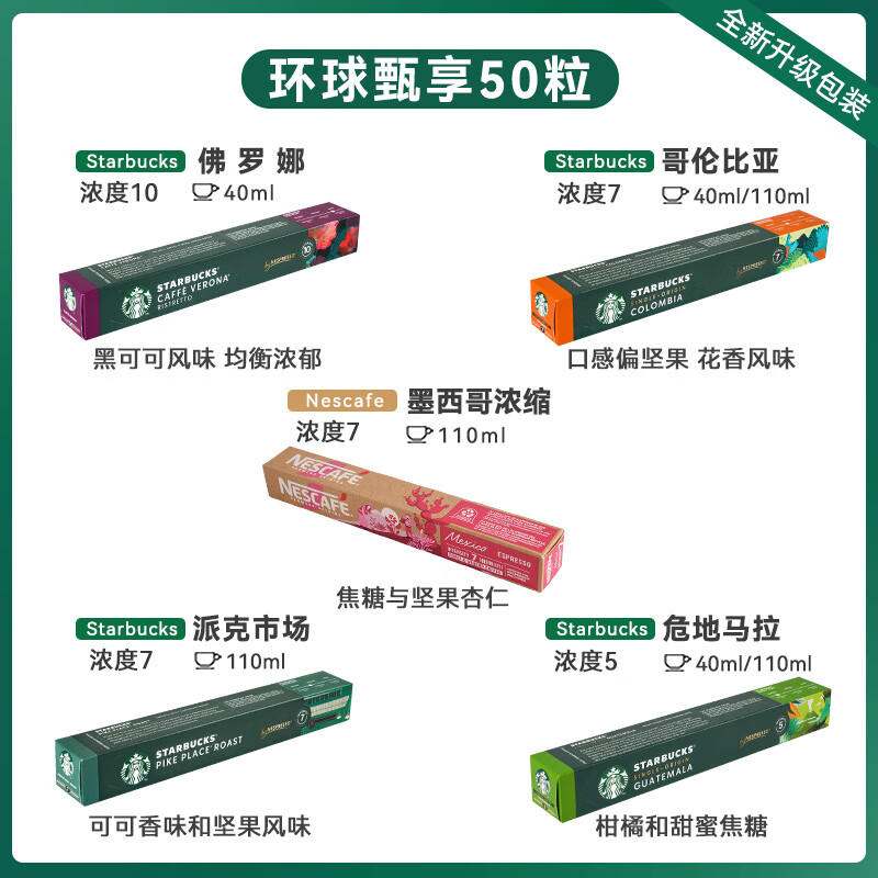 星巴克（Starbucks）星巴克胶囊咖啡Nespresso美式意式50粒雀巢咖啡进口浓缩咖啡胶囊 环球甄享50粒