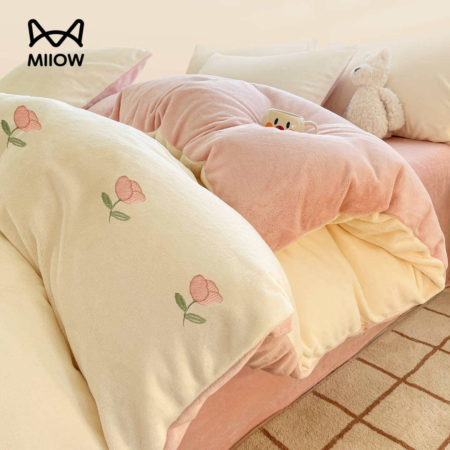 猫人牛奶绒床上四件套2025秋冬款珊瑚绒床单被套罩简约床品三件套 郁金香-奶白粉【亲肤双面暖绒】 床单款 1.8m床【四件套】适200x230cm被芯