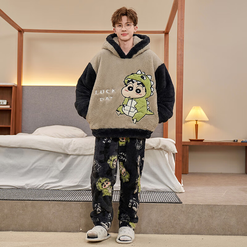 萧淑妃冬季加厚保暖卡通连帽法兰绒男士睡衣大码学生珊瑚绒家居服套装 恐龙蜡笔小新 2XL