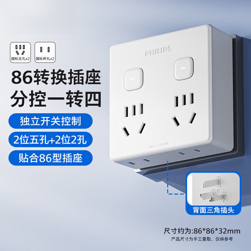飞利浦【好物优选】86面板一转多超薄插座转换器一转二插座扩展多功能扩 分控一转四