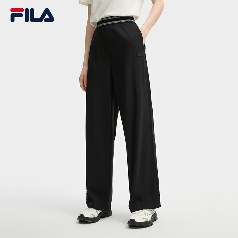 FILA 斐乐官方女士针织长裤秋季新款时尚休闲简约舒适阔腿YODAR裤 正黑色-BK M 165/66A/M