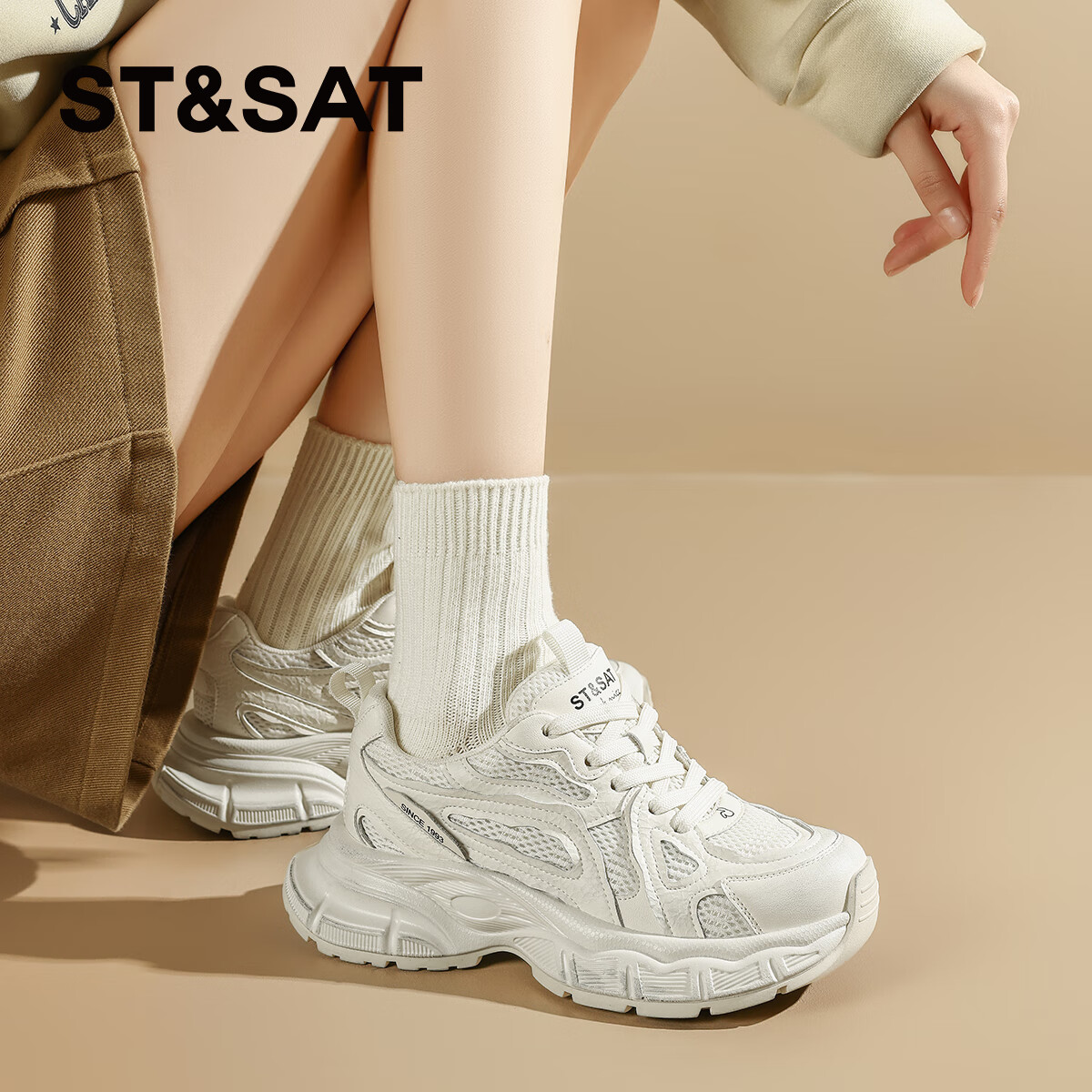 星期六（St&Sat）复古百搭厚底老爹鞋舒适跑步鞋女鞋 SSD1112857 米色