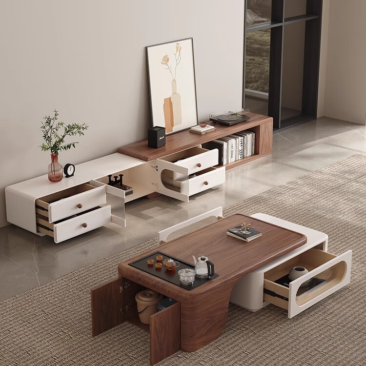 柏维棠茶几客厅轻奢高级感2026新款高端胡桃木色创意现代简约功夫茶台 功夫茶几_+伸缩电视柜组合