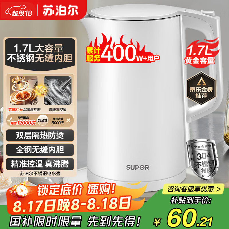 �ղ�����SUPOR����ˮ�� ˫�������ˮ����ˮ��1.7L ȫ���޷��ڵ�304����ֵ���ˮ�������� SW-17J418