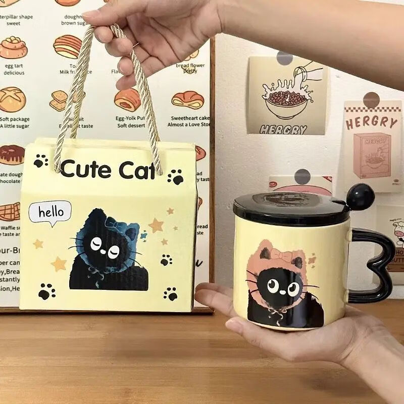 麦丫丫马克杯可爱猫咪礼盒装送女生朋友生日礼物闺蜜ins风创意陶瓷水杯 粉色猫咪【盖子+勺子】