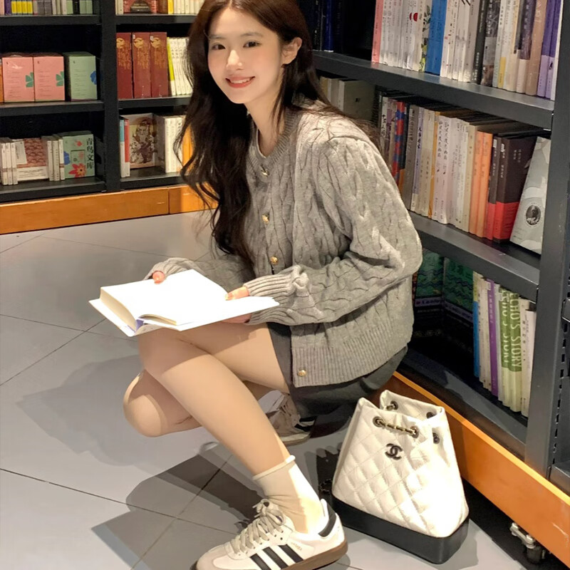 翊尚美针织衫女2025年秋季新款小个子开衫宽松慵懒风外套韩系可外穿上衣 灰色 【不缩水抗起球】 均码 【推荐80-140斤】