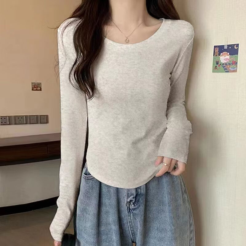 [95棉]纯棉正肩长袖T恤女新款早秋设计感小众内搭薄款圆领打底衫 白色 M