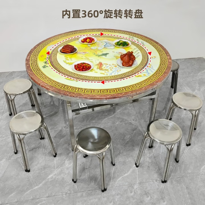 304不锈钢内置转盘火锅桌折叠餐桌圆桌带转盘餐桌带电磁炉家用 1. 彩图 款式   大理石白 1.2米 内置80转盘+下沉式电磁炉