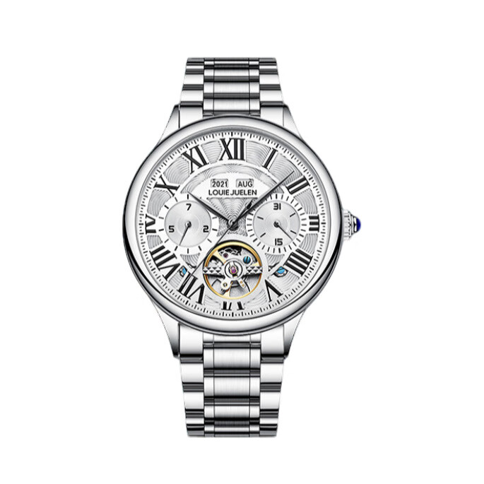 路易爵伦（LOUIE JUELEN）多功能陀飞轮机械表防水男表真皮表带全自动机芯学生考试手表礼物 L-9162银壳白面钢带【多功能机械表】