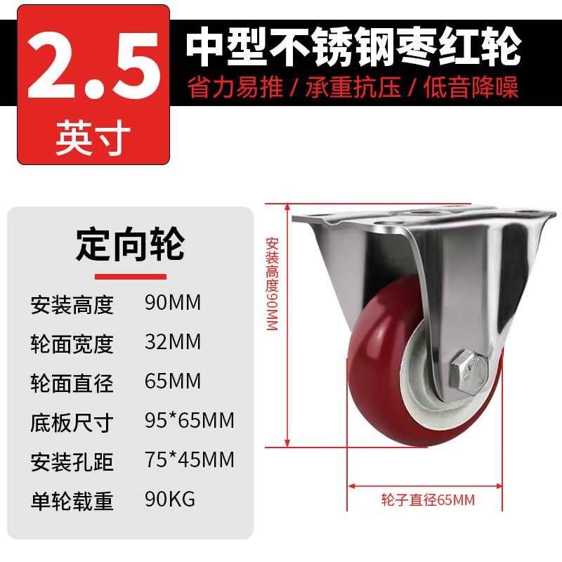 捷諾立（JNL）中型304不銹鋼腳輪萬(wàn)向輪萬(wàn)向輪推車腳輪耐磨輪子聚氨酯靜音腳輪 2.5寸不銹鋼定向輪zj