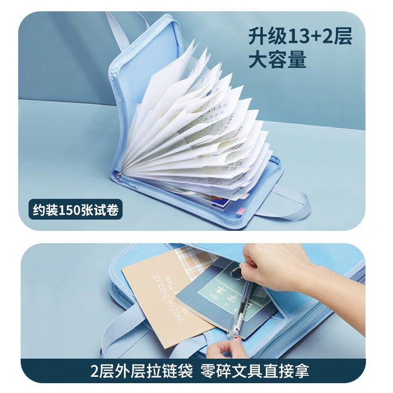 南国书香 竖款帆布风琴包A4大容量多层文件收纳手提文件包分类试卷袋氧饱夹办公用品风琴夹插页袋收纳 星光蓝-竖款