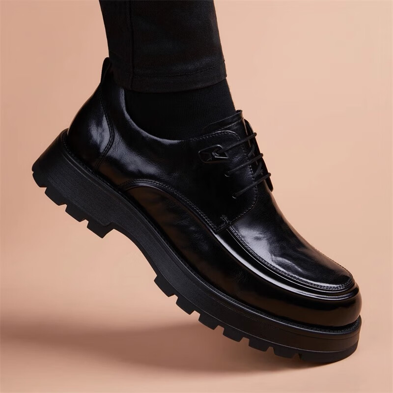 Walker Shop高端皮鞋男款2026新款厚底增高商务休闲男鞋头层牛皮皮鞋男夏季薄 黑色内增高【品牌男鞋 礼盒包装】 40