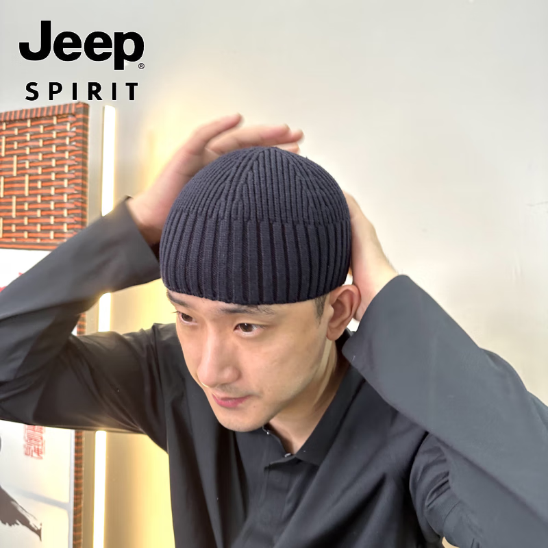 JEEP光板地主帽男女士秋冬季雅痞大头围钩针帽子毛线帽冷帽针织瓜皮帽 黑色