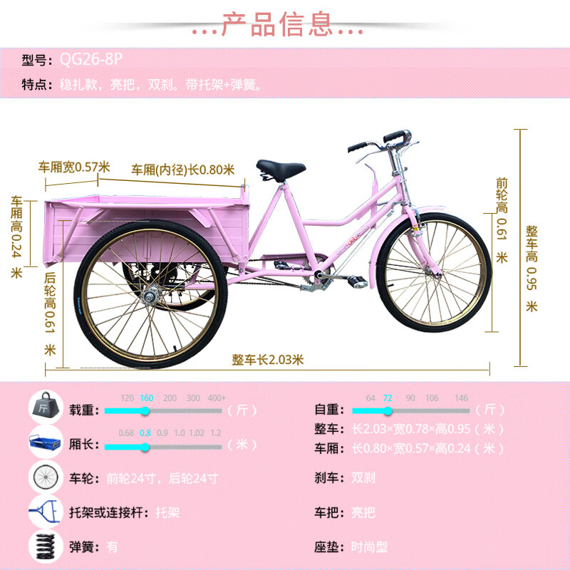 南洋粉红色网红款吸粉三轮车人力脚踏老年人成人拉货24寸摆摊神车 80*57cm车厢