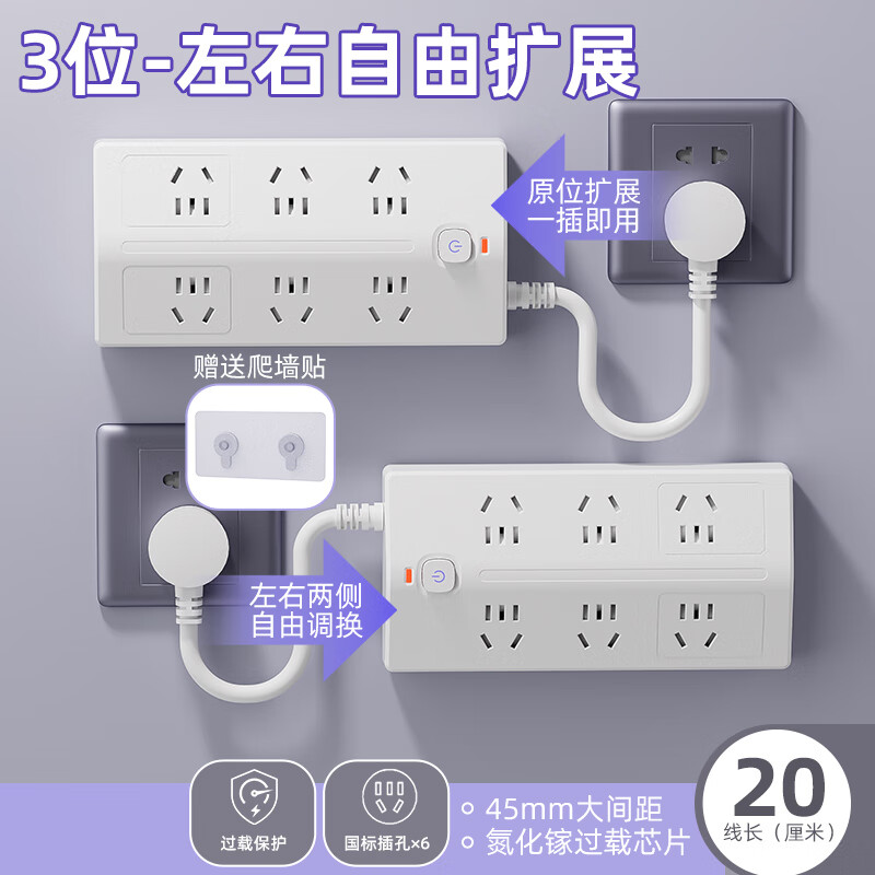 公正午纯铜插座斜面防雷梯形插线板20W快充接线板电源多孔位扩展器多功能USB多功能防过载插座 6位插孔(0.2米)