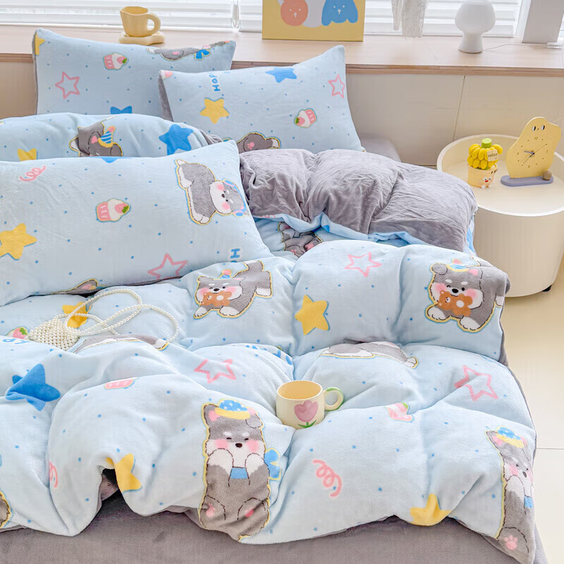软贝小清新牛奶绒床上四件套保暖毛绒床单被套学生宿舍秋冬款三件套 布丁狗 床单款 2.0m  被套200*230cm 四件套