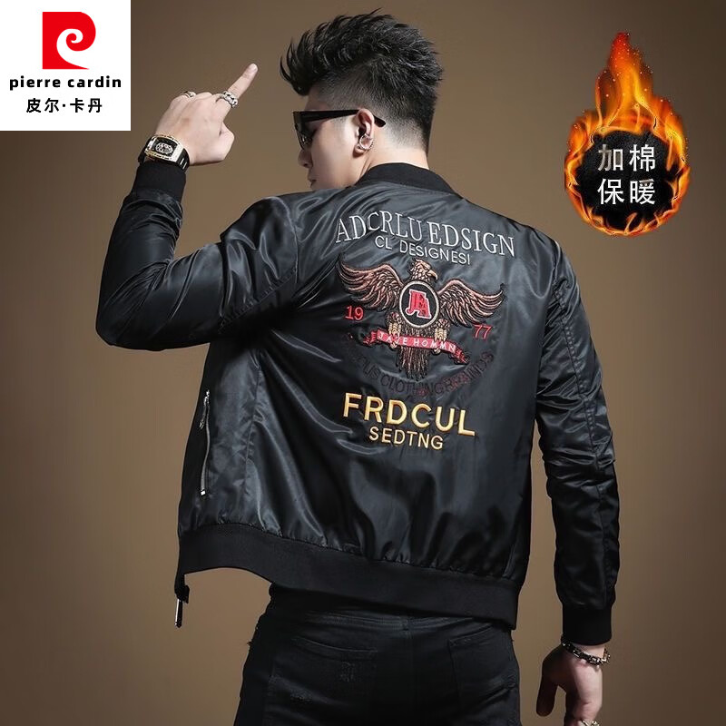 皮尔卡丹（pierre cardin）25秋冬季新款男装刺绣棒球领夹克棉服潮流休闲拉链ins飞行员外套 黑色夹棉款刺绣潮男加棉夹克 L 110-130