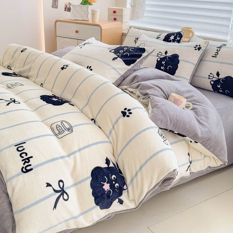 软贝小清新牛奶绒床上四件套保暖毛绒床单被套学生宿舍秋冬款三件套 煤球宝贝 床单款 2.0m  被套200*230cm 四件套