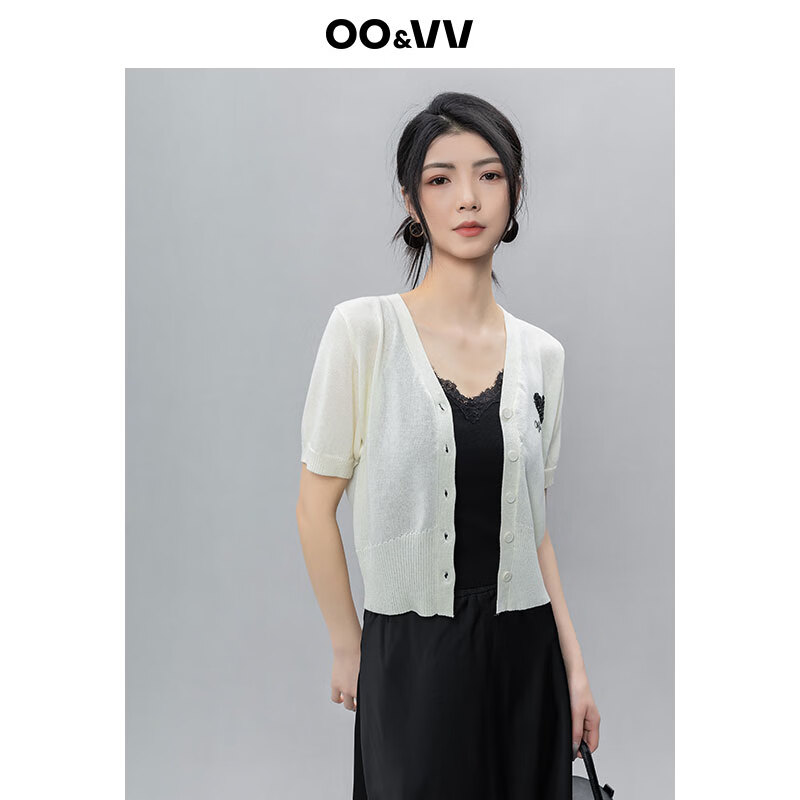 OO&VV爱心刺绣天丝短袖衬衫女2025夏季新款宽松休闲百搭针织上衣 香草米 L