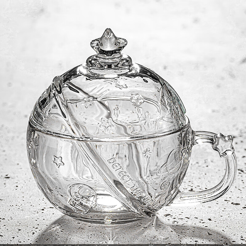 乐唯诗（LOVWISH）星空球杯玻璃杯带盖勺高颜值女生咖啡早餐喝水杯家用设计感燕麦杯 星球杯皓月白【含盖送勺】320ml*1