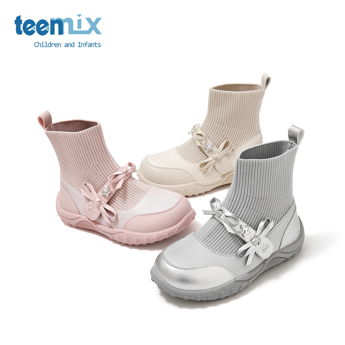 天美意天美意童鞋2025年春秋新款小女孩蝴蝶结公主靴女童百搭中大童袜靴 米色 31