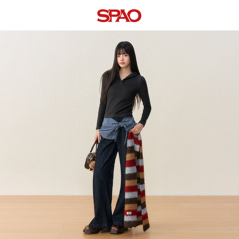SPAO德绒V领连帽打底衫男女2025年冬季修身软糯亲肤上衣SPCX25AD03XY 深麻灰#纯色 M