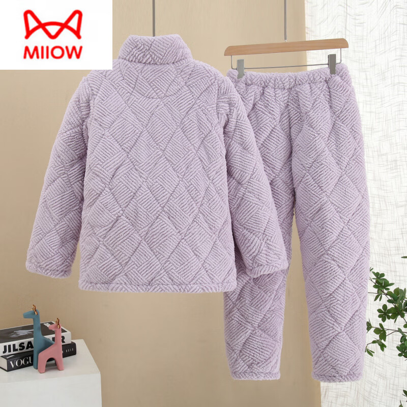 猫人(MiiOW)睡衣女秋冬季加厚加绒珊瑚绒夹棉三层保暖可外穿法兰绒家居服套装 一套过冬 杏仁黄纽扣 L 女适合80-105斤左右