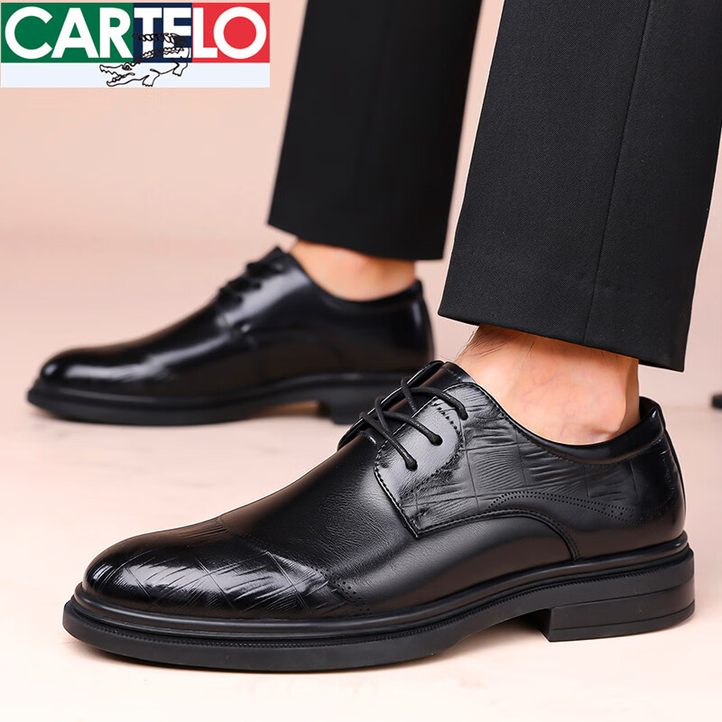 卡帝樂鱷魚男鞋2025秋冬新款真皮商務(wù)正裝德比青年休閑皮鞋結(jié)婚新郎男士鞋子 黑色 40