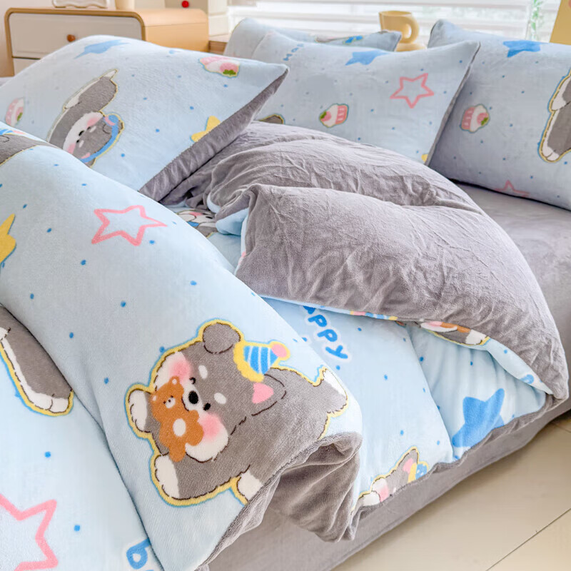 软贝小清新牛奶绒床上四件套保暖毛绒床单被套学生宿舍秋冬款三件套 布丁狗 床单款 2.0m  被套200*230cm 四件套